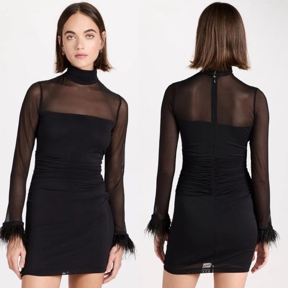 Amanda Uprichard Black Vixen Mesh Ostrich Feather Cuff Mini Dress NWOT - Size S